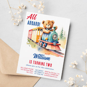 Invitation Train d'anniversaire mignon ours en peluche en tra