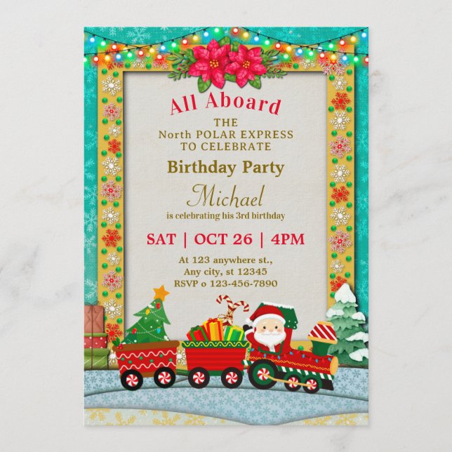 Invitation Train de Noël Anniversaire - Tous à Bord Fête Enfa (Devant)