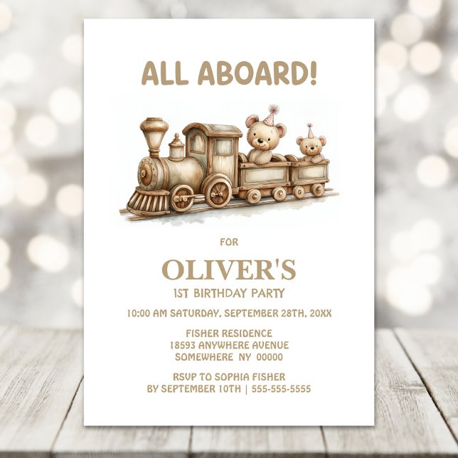 Invitation Train en bois Ourson 1er Anniversaire (Créateur téléchargé)