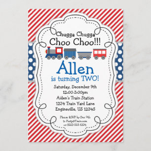 Invitation Train Engine, Red Stripes Blue Polka Dot Anniversa