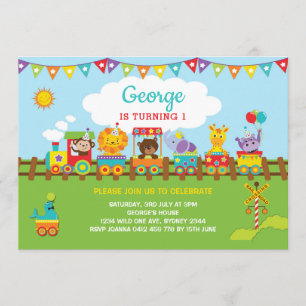 Invitation Train Jungle Animaux 1er anniversaire Safari Wild