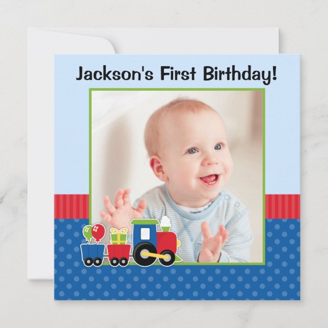 Invitation Train Polka Dot 1er Birthday Boy Photo (Devant)