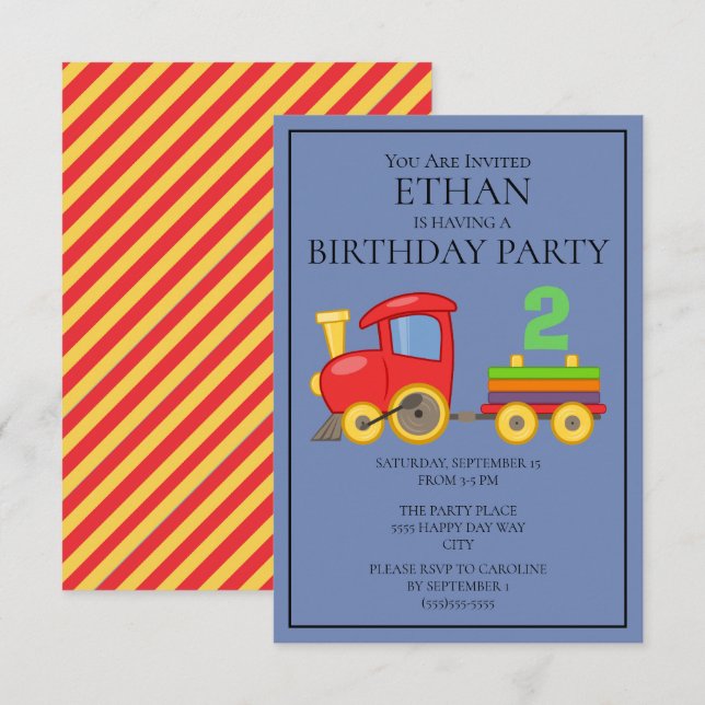 Invitation Train Rouge Jaune Bleu Anniversaire 2 ans d'un enf (Devant / Derrière)