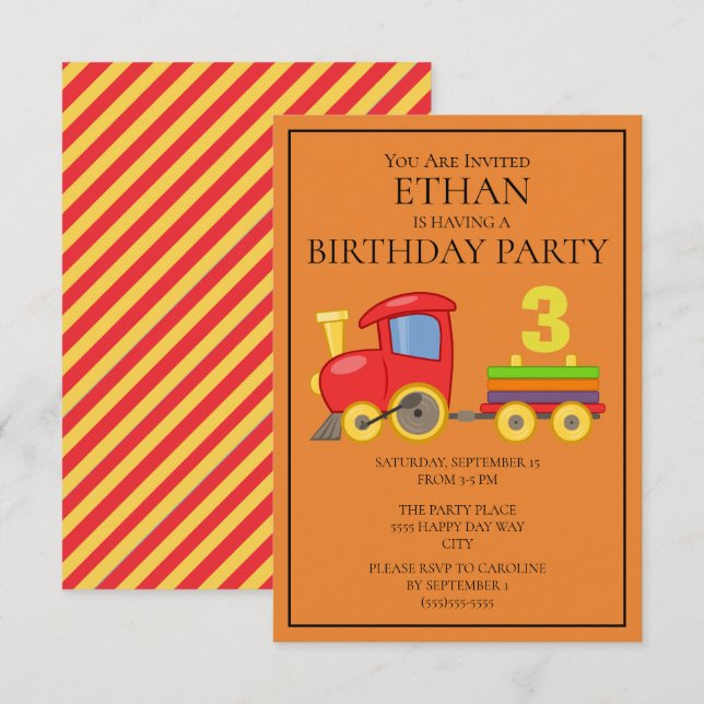 Invitation Train Rouge Jaune Orange Fête d'anniversaire d'enf (Devant / Derrière)