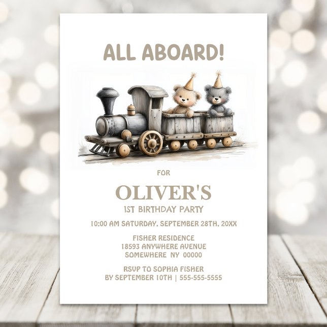 Invitation Train Teddy Bear en Bois Rustique pour 1er Anniver (Créateur téléchargé)