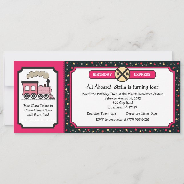 Invitation Train Ticket Birthday Party - Hot Pink et Back (Devant)
