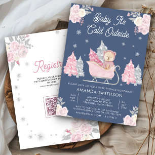 Invitation Traîneau Rose Ourson Mignon Fête de Naissance Bleu