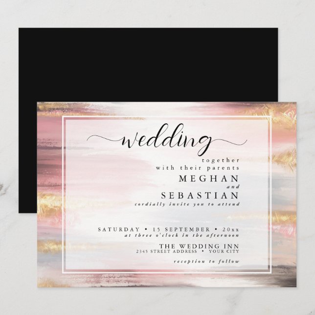 Invitation Traits de peinture abstraits Blush Or Charbon (Devant / Derrière)