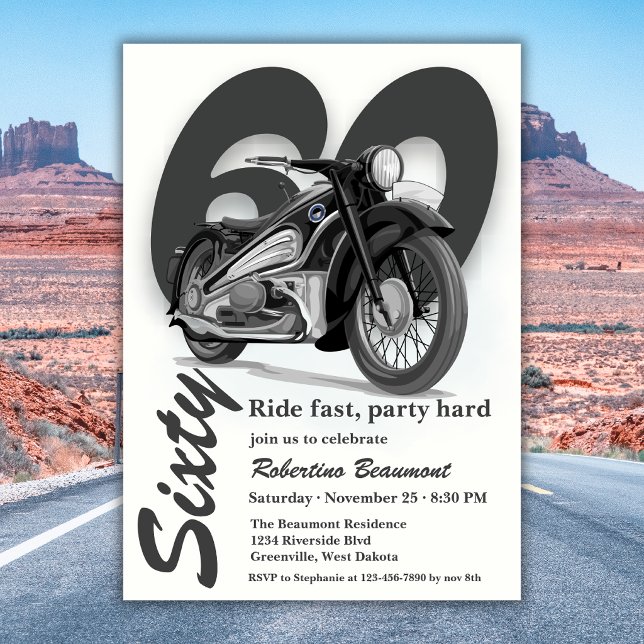 Invitation Trajet en moto classique grise - 60 ans (Créateur téléchargé)
