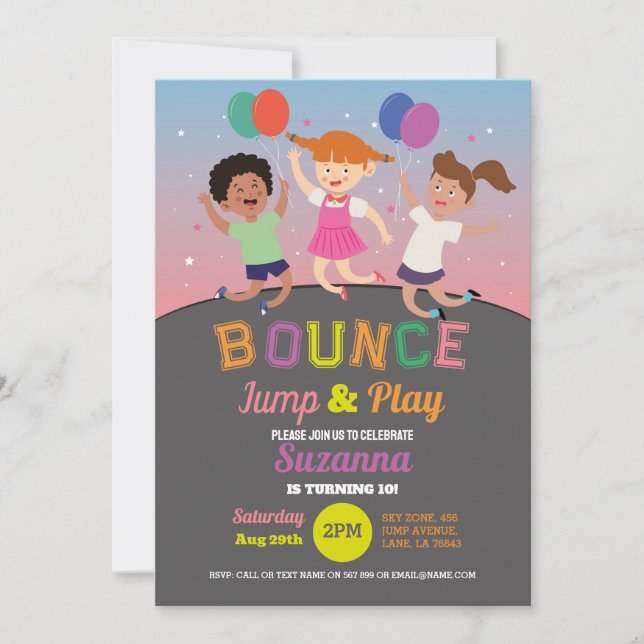 Invitation Trampoline Anniversaire Fête Rose Filles Bounce Ju (Devant)