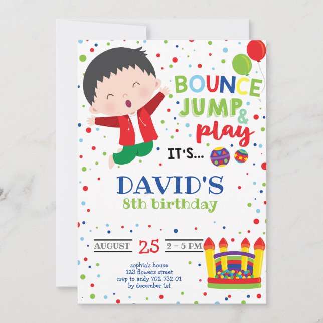 Invitation Trampoline colorée, fête d'anniversaire du garçon  (Devant)