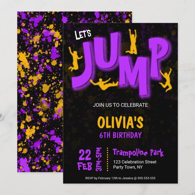 Invitation Trampoline de fête d'anniversaire peinture jaune v (Devant / Derrière)