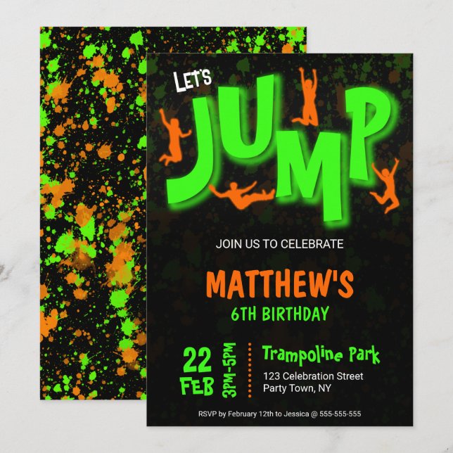 Invitation Trampoline de fête d'anniversaire peinture orange  (Devant / Derrière)