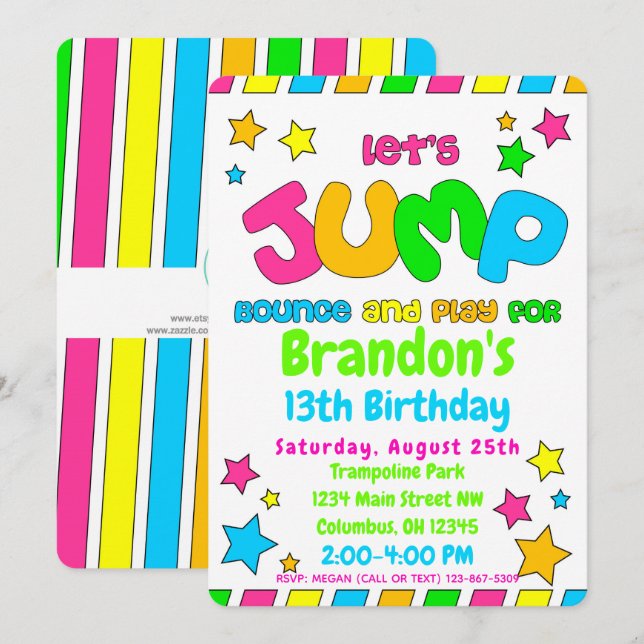 Invitation Trampoline Jump Park Party en néon couleurs (Devant / Derrière)