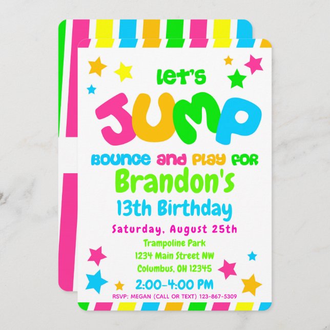 Invitation Trampoline Jump Park Party en néon couleurs (Devant / Derrière)