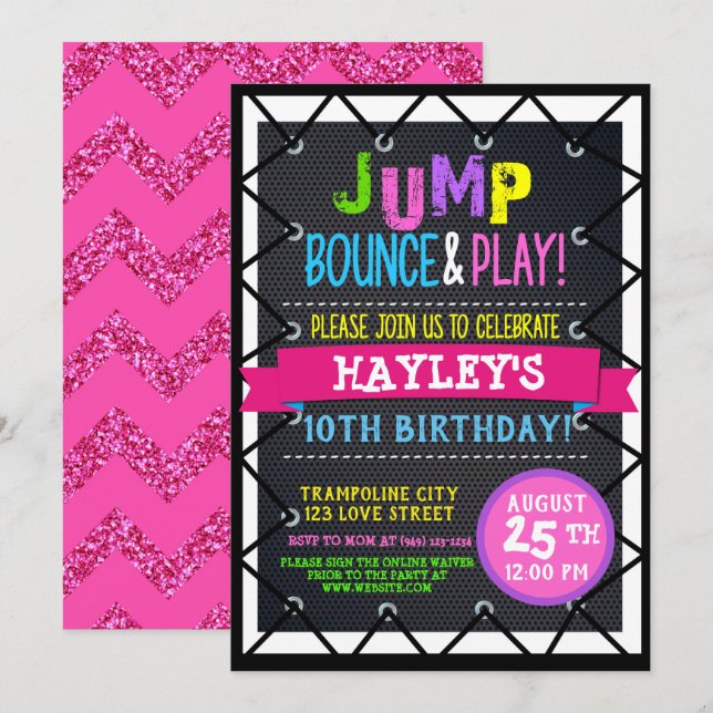 Invitation Trampoline Park Bounce Party filles colorées (Devant / Derrière)