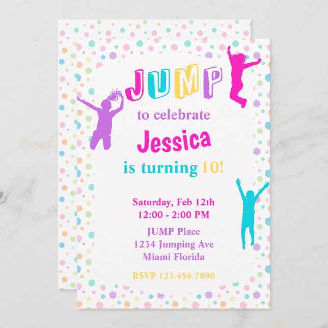 Invitation Trampoline Park Jump Bounce Girls Party (Devant / Derrière)