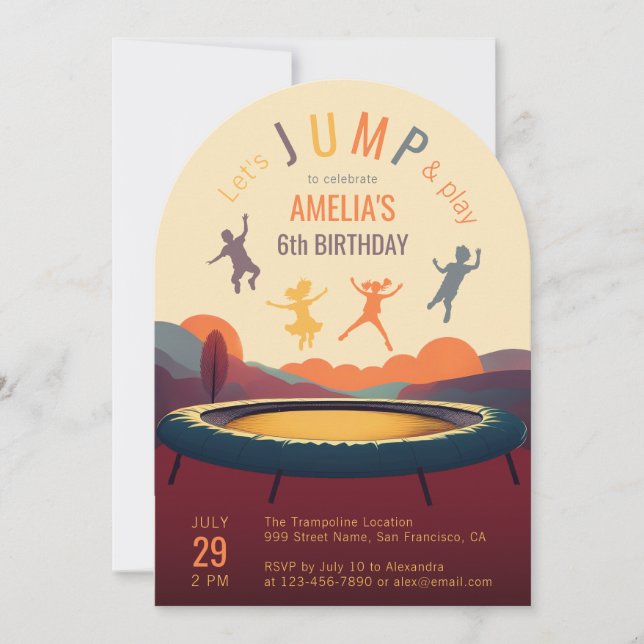 Invitation Trampoline Saut et Jeux Anniversaire Enfant Rétro (Devant)