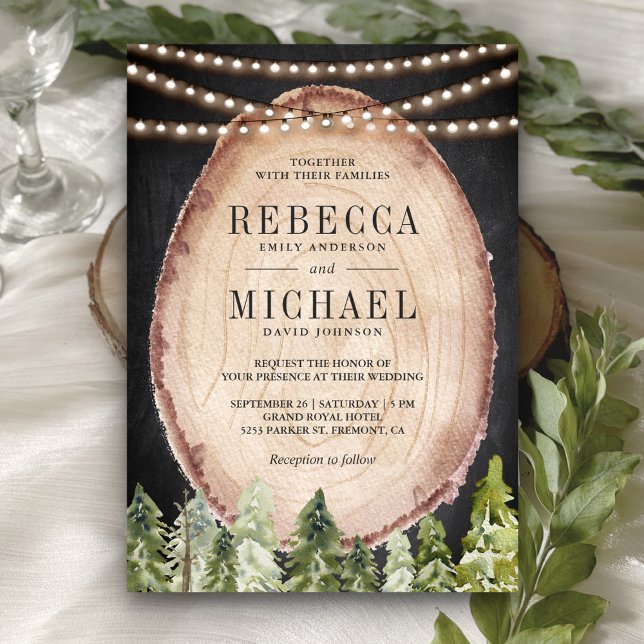 Invitation Tranche de bois de mariage forêt de pins rustique (Créateur téléchargé)