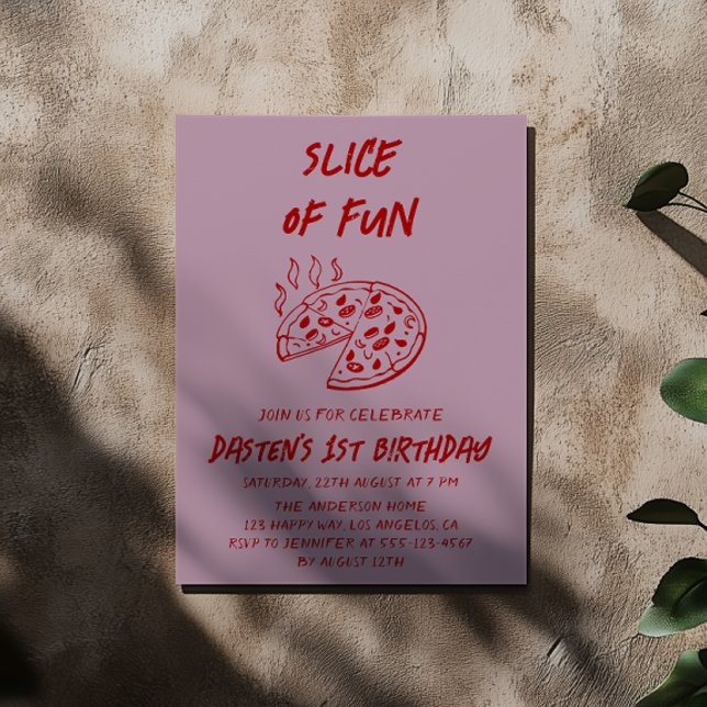 Invitation Tranche de Fun Pizza d'anniversaire minimal rouge (Créateur téléchargé)