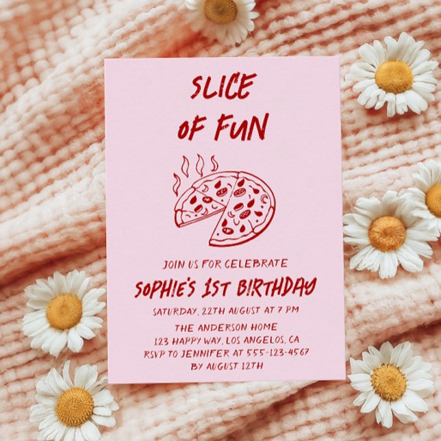 Invitation Tranche de Fun Pizza d'anniversaire minimale rouge (Créateur téléchargé)
