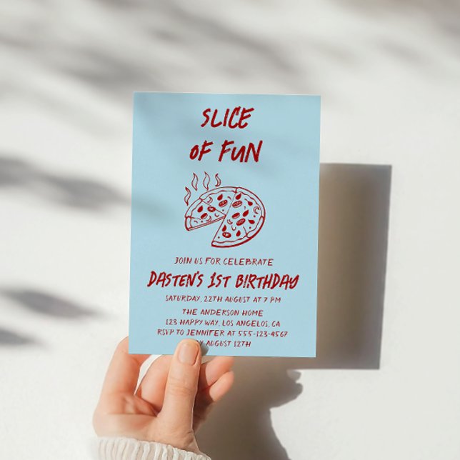 Invitation Tranche de Fun Pizza d'anniversaire minimale rouge (Créateur téléchargé)