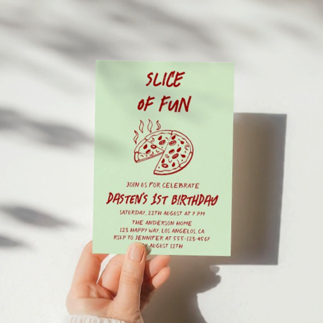 Invitation Tranche de Fun Pizza d'anniversaire minimale rouge (Créateur téléchargé)