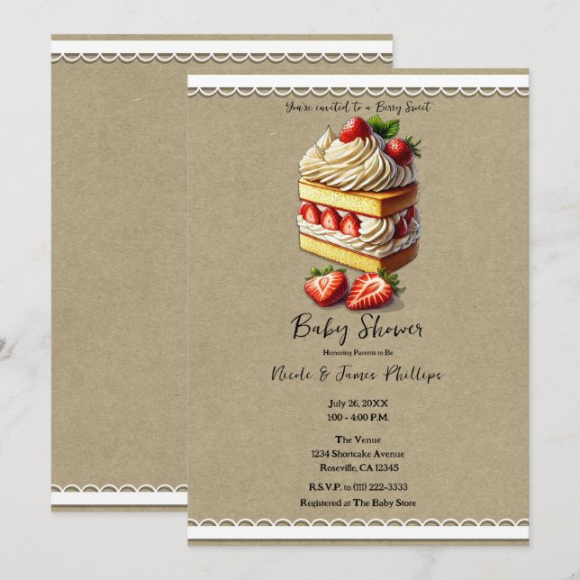 Invitation Tranche de Gâteau aux Fraises Baby Shower (Devant / Derrière)