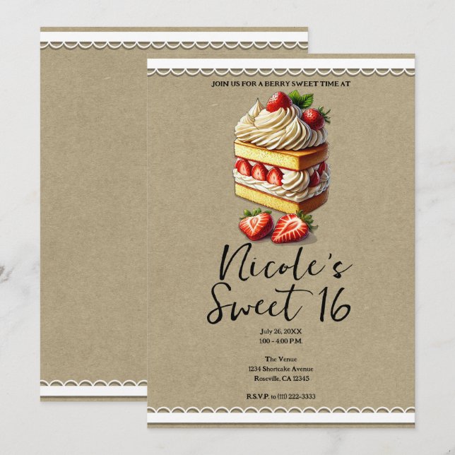 Invitation Tranche de Gâteau Court aux Fraises Douze Ans (Devant / Derrière)