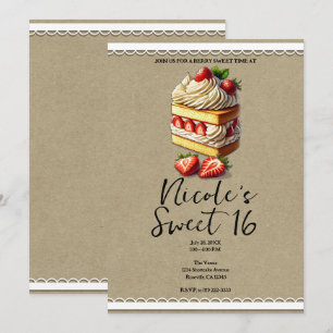 Invitation Tranche de Gâteau Court aux Fraises Douze Ans