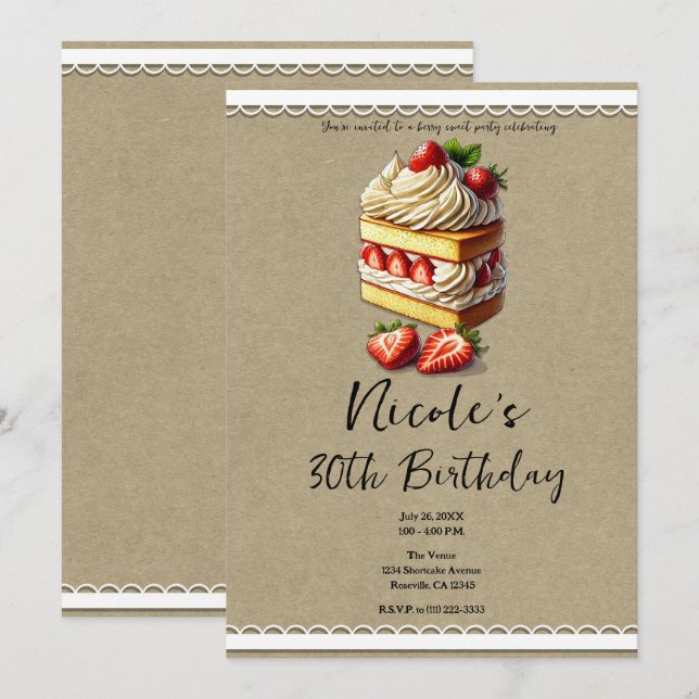 Invitation Tranche de gâteau d'anniversaire à la fraise (Devant / Derrière)