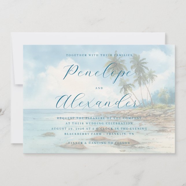 Invitation Tranquil Blue Watercolor Beach Scene (Devant)