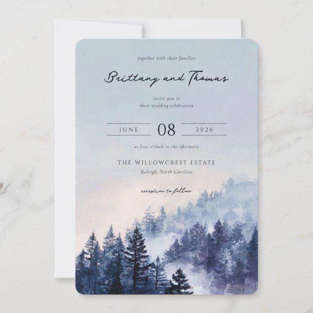Invitation Tranquil Blue Watercolor Forest (Devant)
