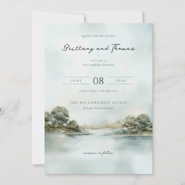 Invitation Tranquil Blue Watercolor Landscape (Devant)