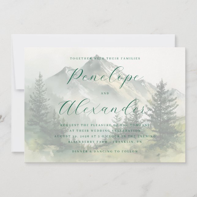 Invitation Tranquil Green Watercolor Mountains (Devant)