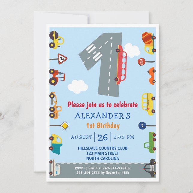 Invitation Transport 1er Anniversaire Voitures Fête Invitatio (Devant)