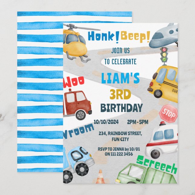 Invitation Transport Avion Hélicoptère Autobus Anniversaire (Devant / Derrière)