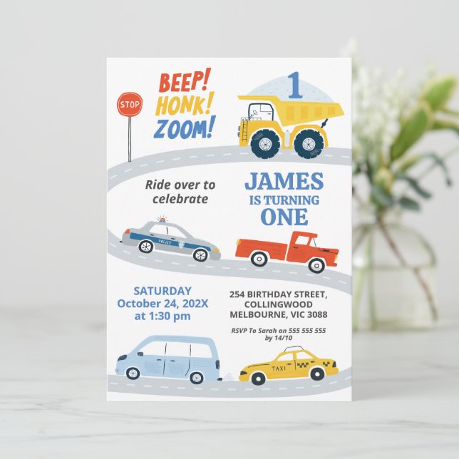 Invitation Transport routier coloré moderne 1er anniversaire (Debout devant)