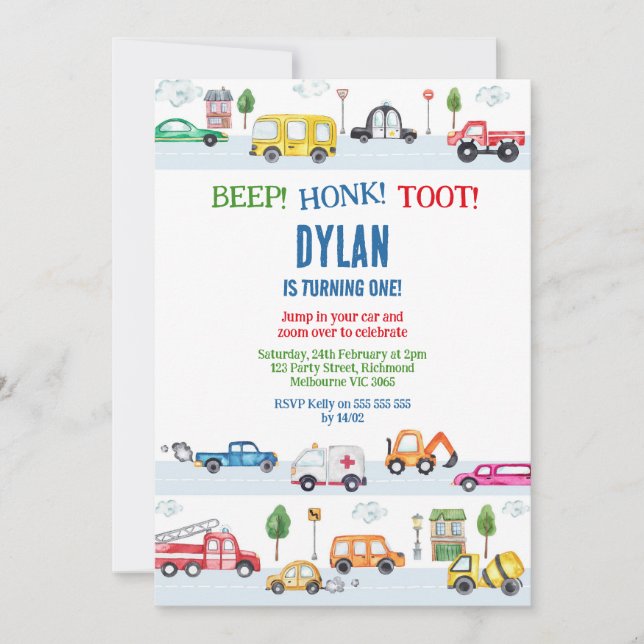 Invitation Transportation City Cars and Truck Boy Birthday (Devant)