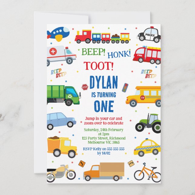 Invitation Transportation City Cars and Truck Boy Birthday (Devant)