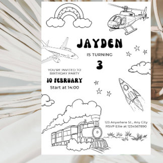 Invitation Transportation Line Art Boy’s 3rd Birthday Party