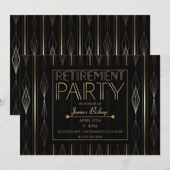 Invitation Travail d'art Black & Gold Art Déco Fête de départ (Devant / Derrière)