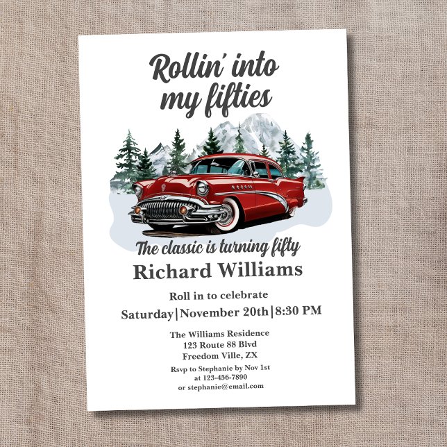 Invitation Travel Classic Retro Car Rolling 50e anniversaire (Créateur téléchargé)