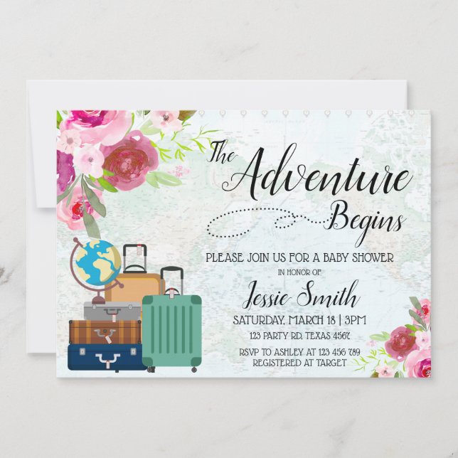 Invitation Travel Worldmap Baby shower Adventure commence RSV (Devant)