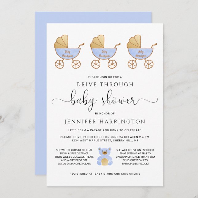 Invitation Traverser Baby Boy Douche Retro Carriage Blue (Devant / Derrière)