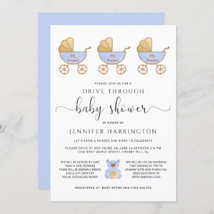 Invitation Traverser Baby Boy Douche Retro Carriage Blue