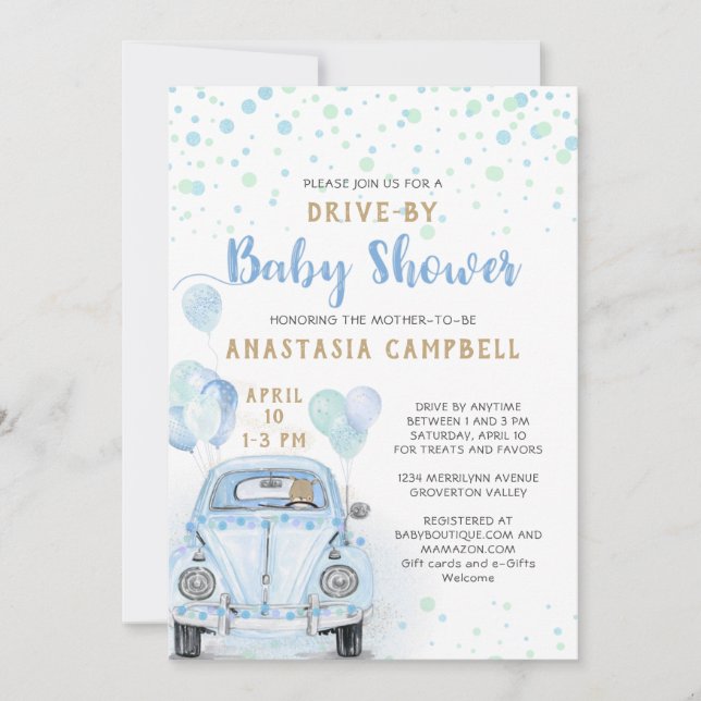 Invitation Traverser le Baby shower de garçon Blue Car Gold (Devant)