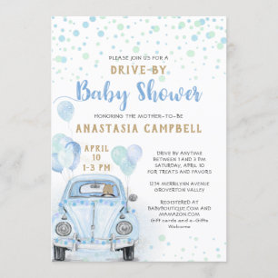 Invitation Traverser le Baby shower de garçon Blue Car Gold