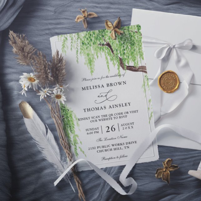 Invitation Tree Weeping Willow Budget QR Code Wedding (Créateur téléchargé)