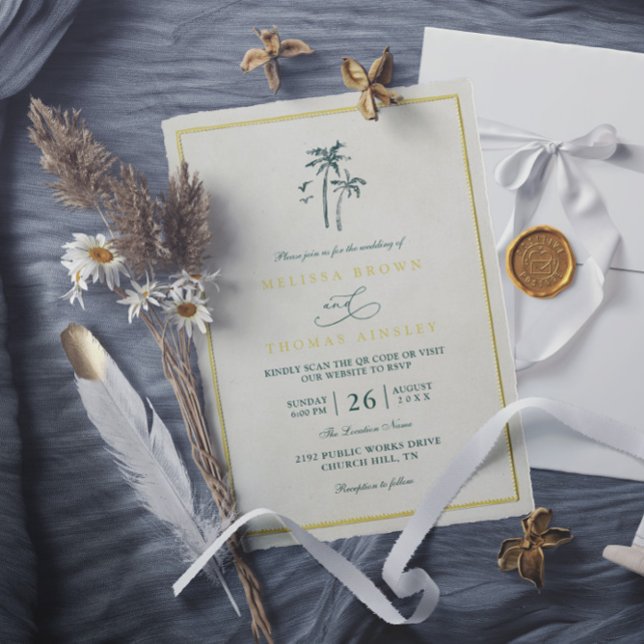 Invitation Trees Palm Coastal Drift Beach QR Code Wedding (Créateur téléchargé)
